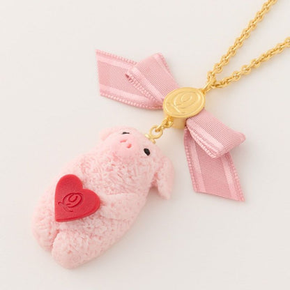 Pink piglet Strawberry Cookie Necklace (Red Heart)