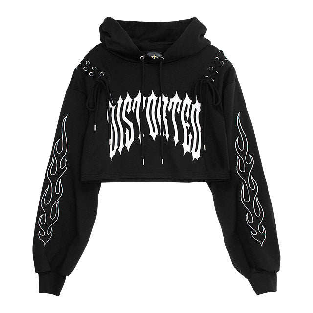 Fire Sleeve Lace Up Cropped Hoodie