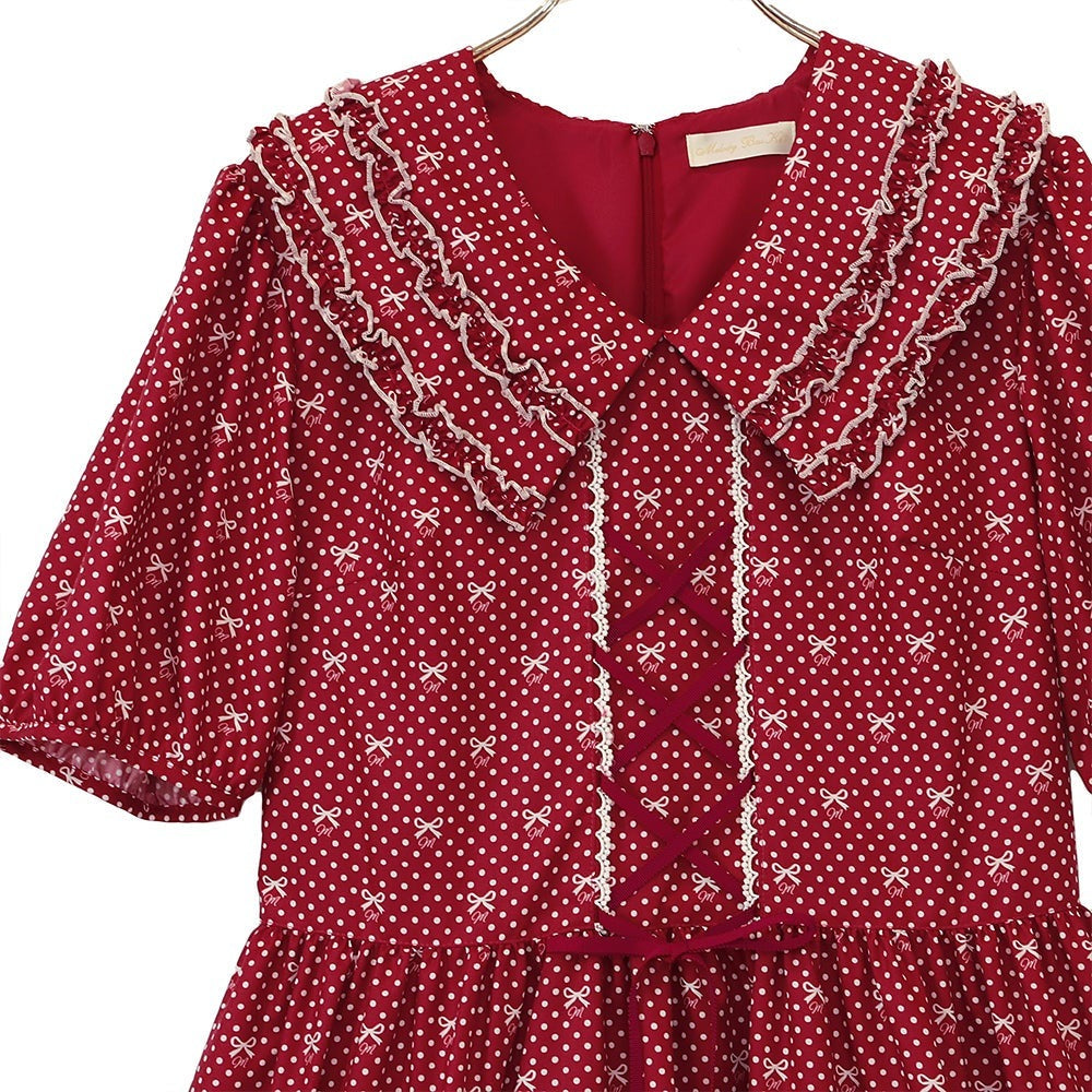 Little Dot Ribbon Frill Collar One Piece