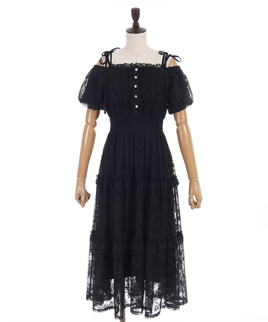 Shoulder Ribbon Full Lace Dress
