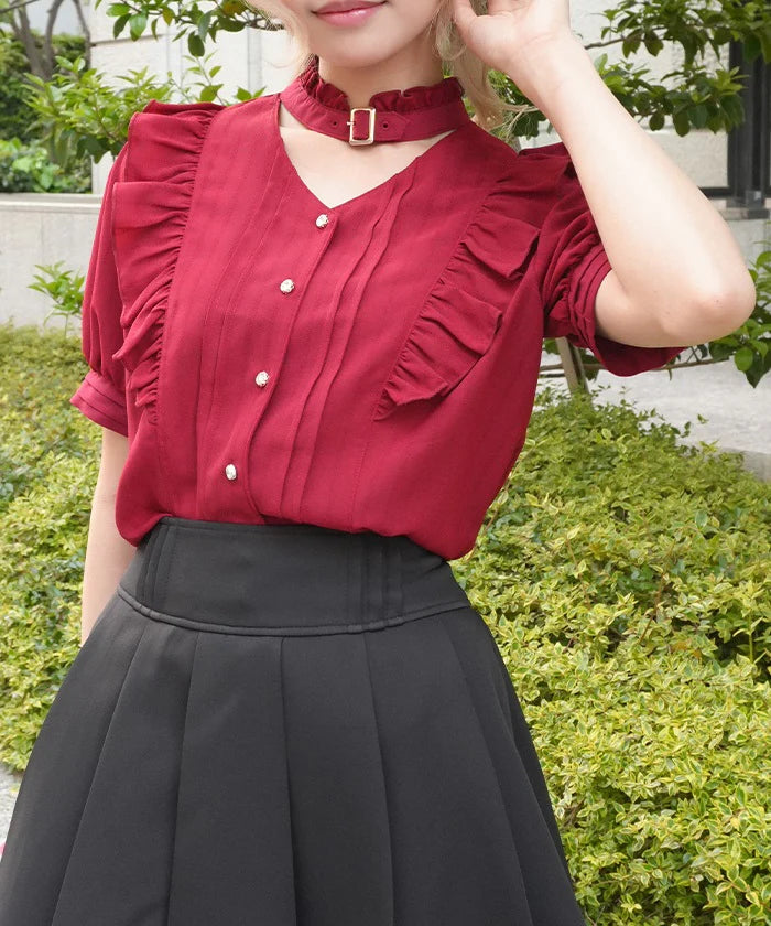 Gold Button Choker-Style Blouse
