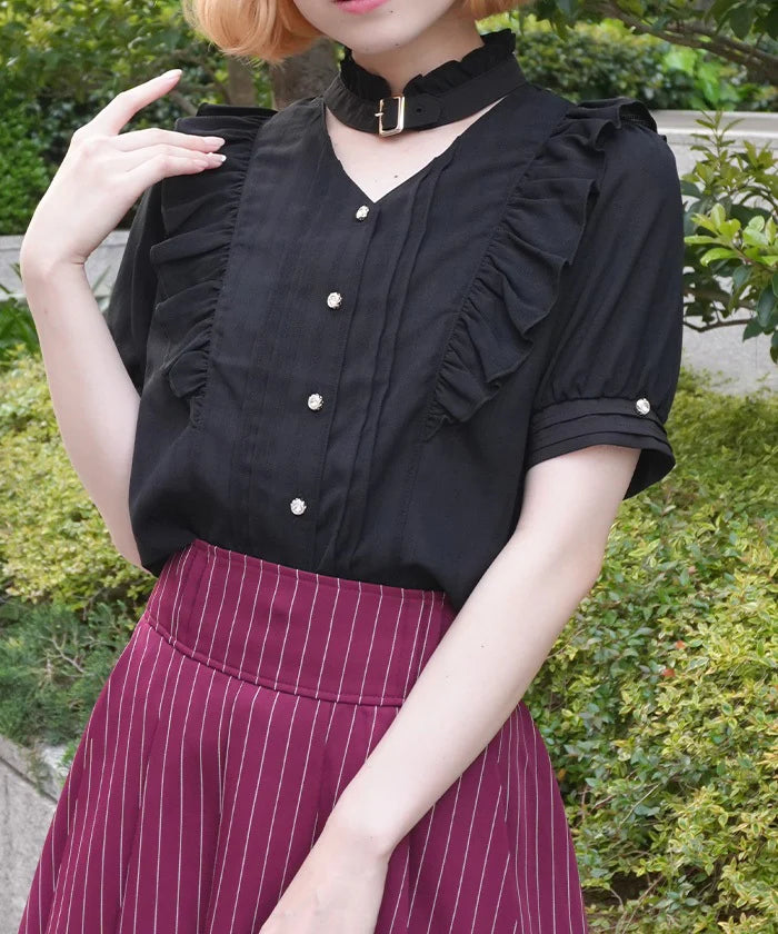 Gold Button Choker-Style Blouse