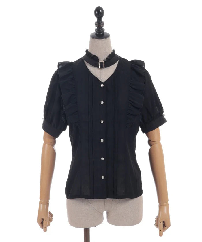 Gold Button Choker-Style Blouse