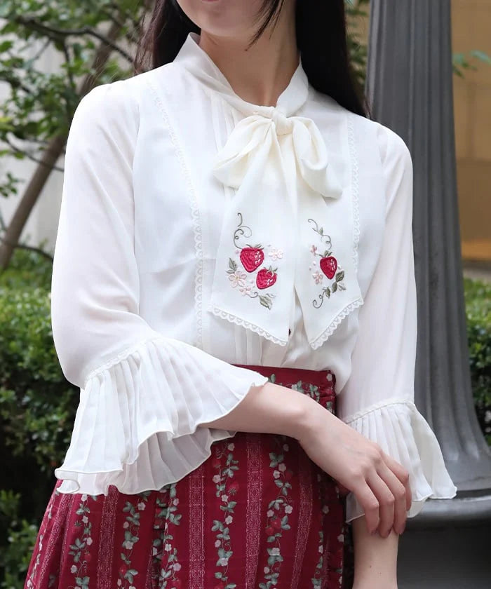 Strawberry Embroidered Bow Tie Blouse