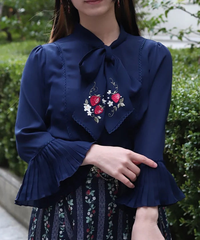 Strawberry Embroidered Bow Tie Blouse
