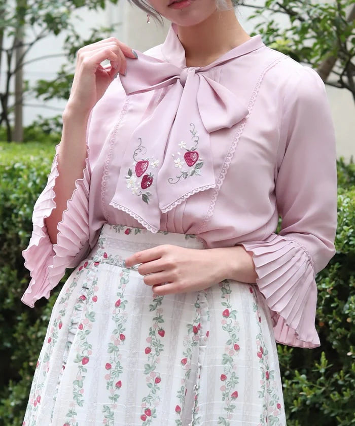 Strawberry Embroidered Bow Tie Blouse