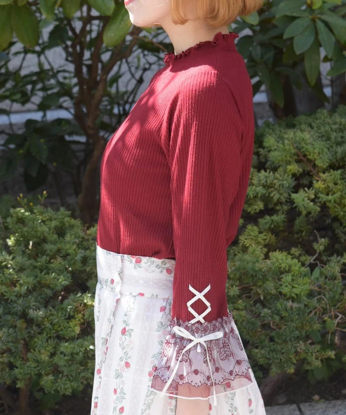 Strawberry Tulle Lace Three-Quarter Sleeve Pullover