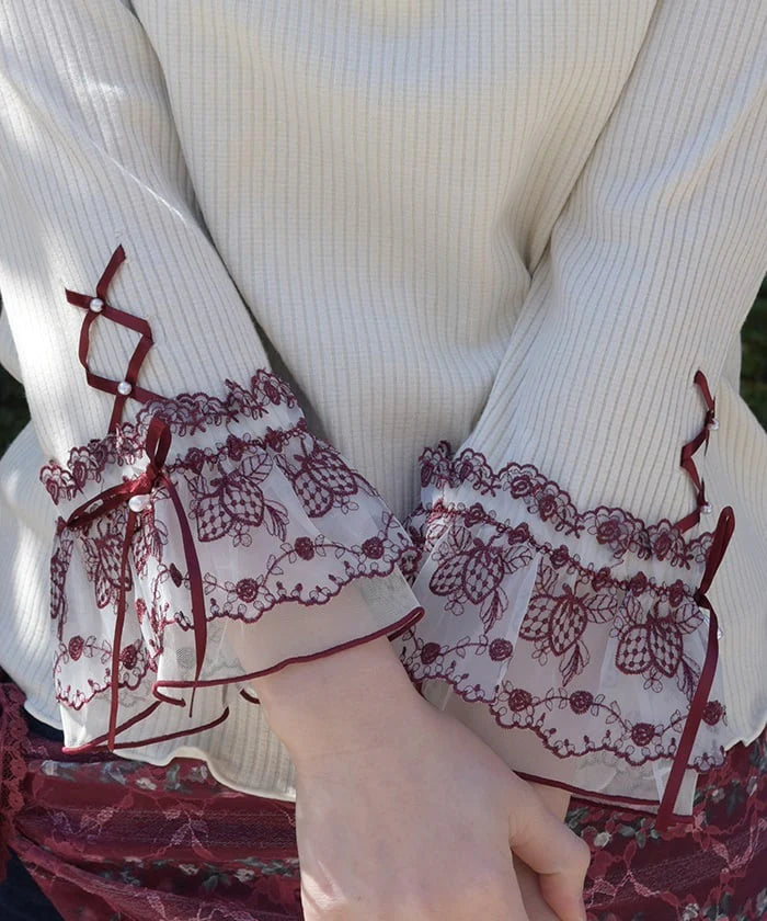 Strawberry Tulle Lace Three-Quarter Sleeve Pullover