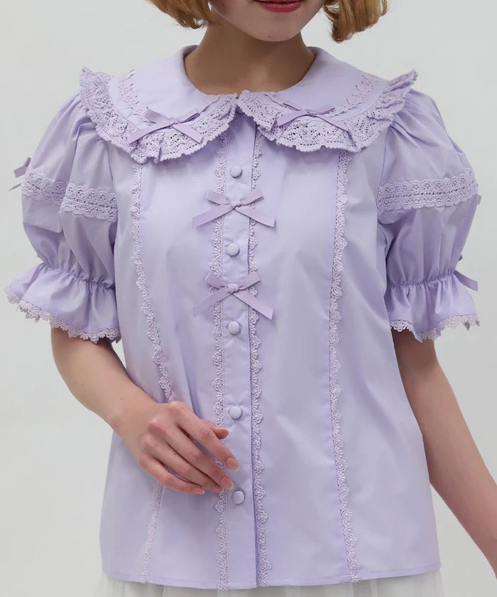 Torsion Lace Round Collar Short Sleeve Blouse