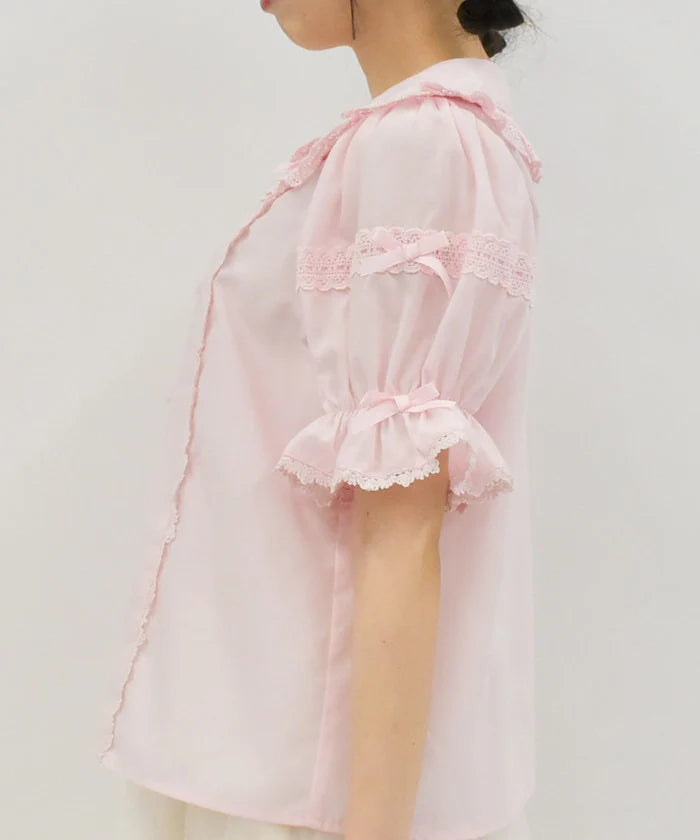 Torsion Lace Round Collar Short Sleeve Blouse