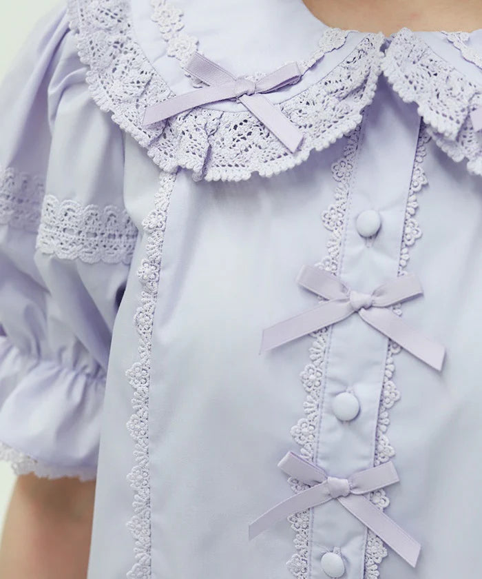 Torsion Lace Round Collar Short Sleeve Blouse