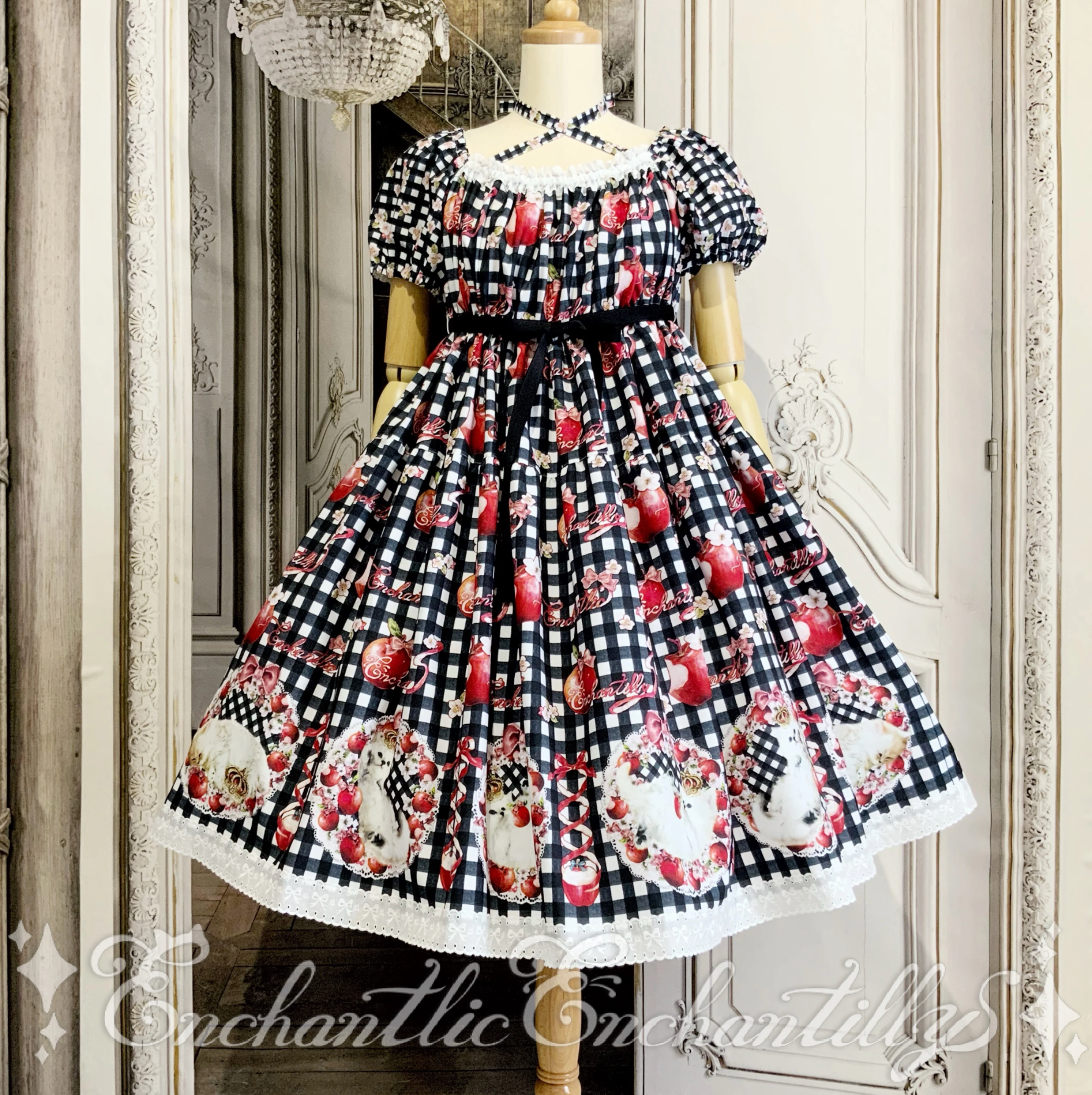Dreaming Cat and Apple Gingham Check Dress