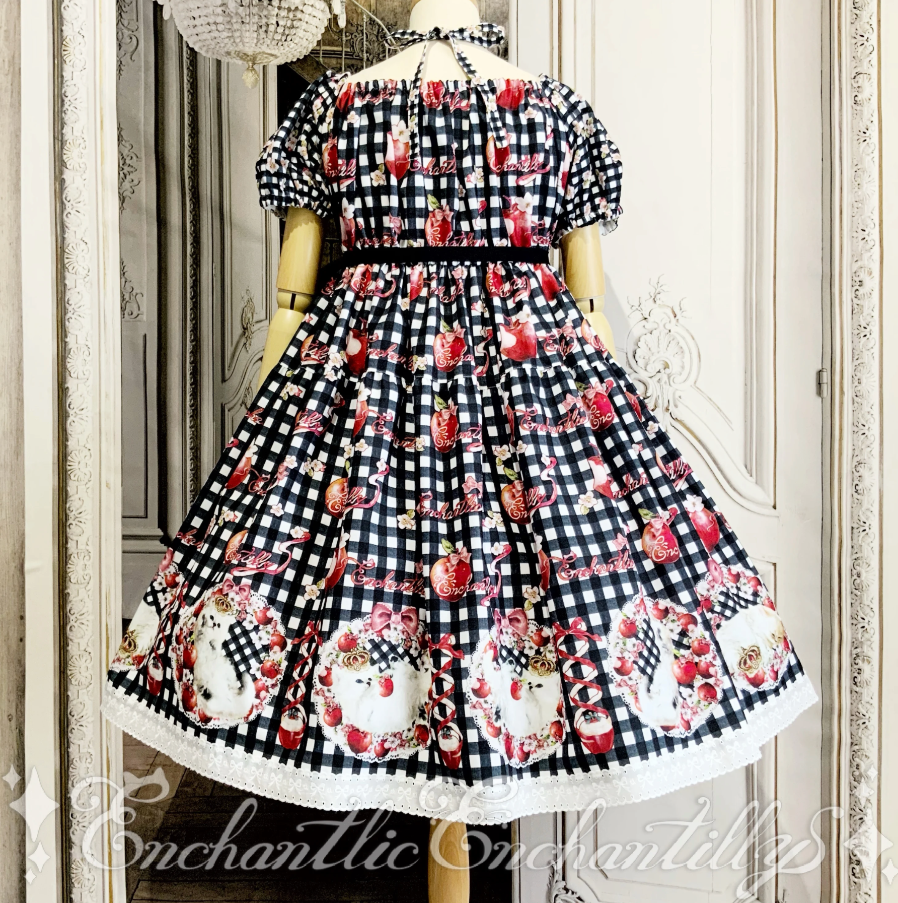Dreaming Cat and Apple Gingham Check Dress