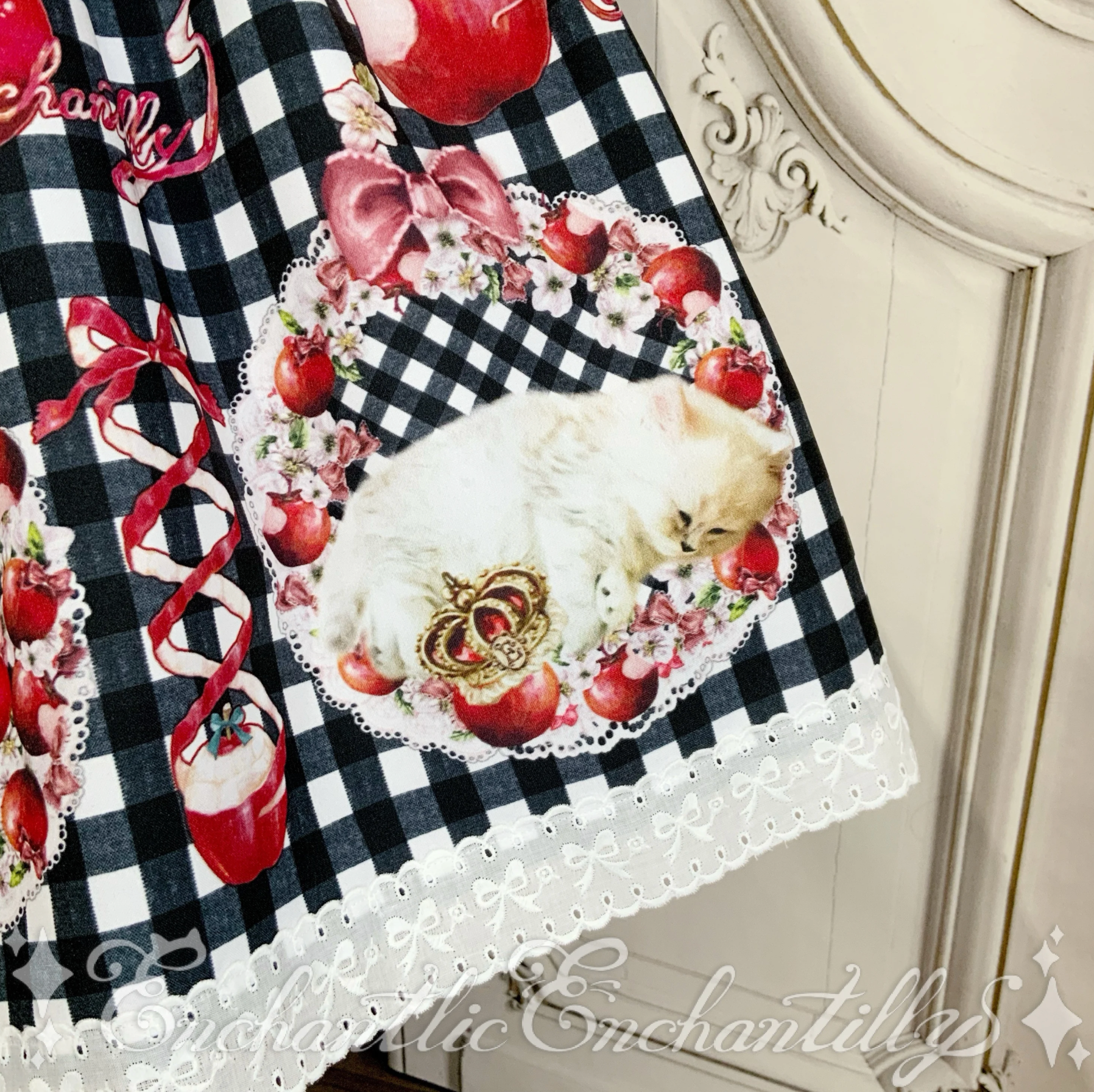 Dreaming Cat and Apple Gingham Check Dress