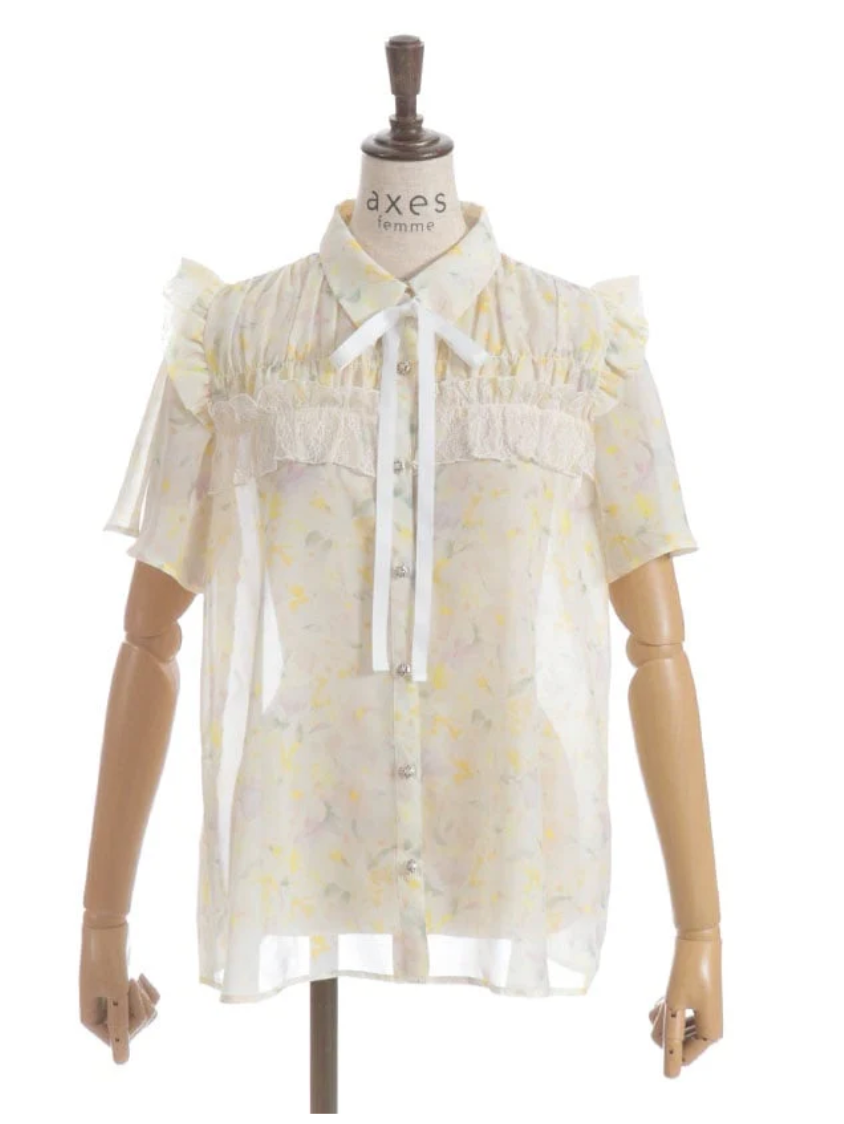 Floral Pattern Frill Sheer Blouse