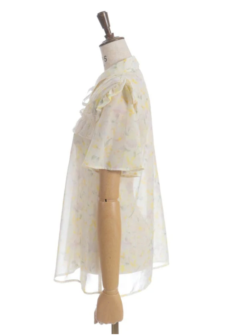 Floral Pattern Frill Sheer Blouse