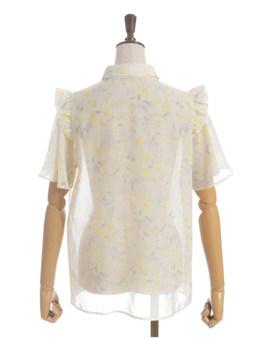 Floral Pattern Frill Sheer Blouse