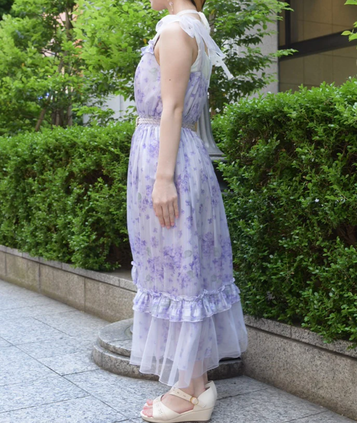 Hydrangea Pattern Shoulder Ribbon Dress