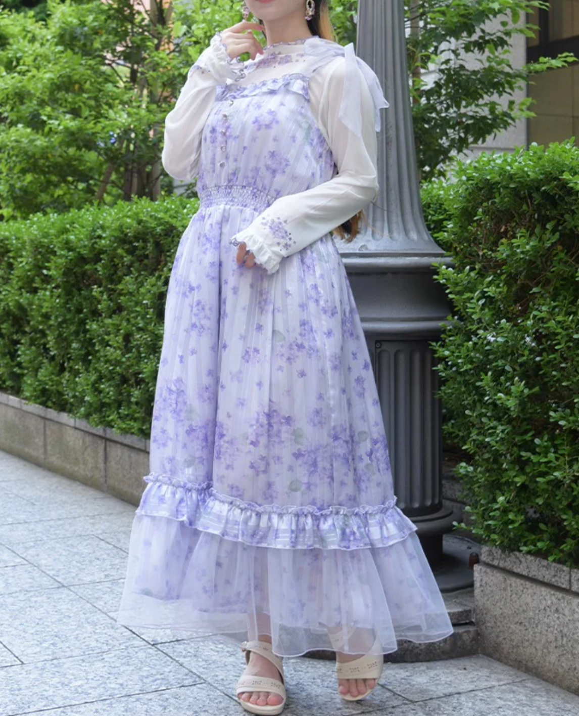 Hydrangea Pattern Shoulder Ribbon Dress