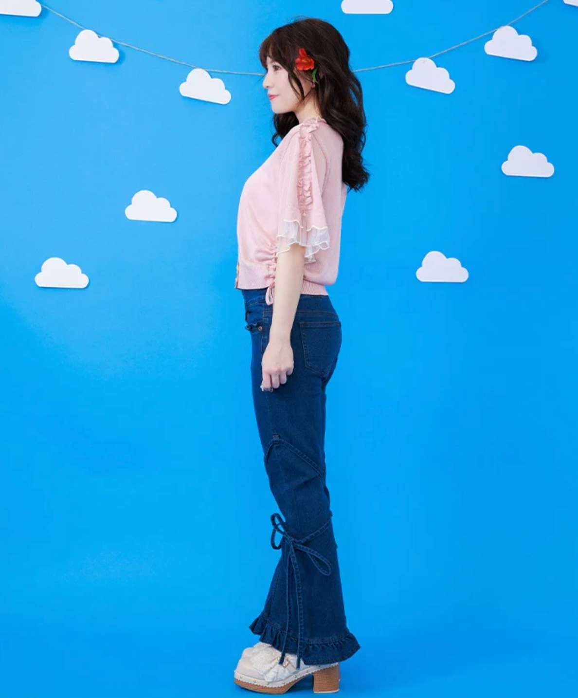 Stretch Denim Pants with Ribbon