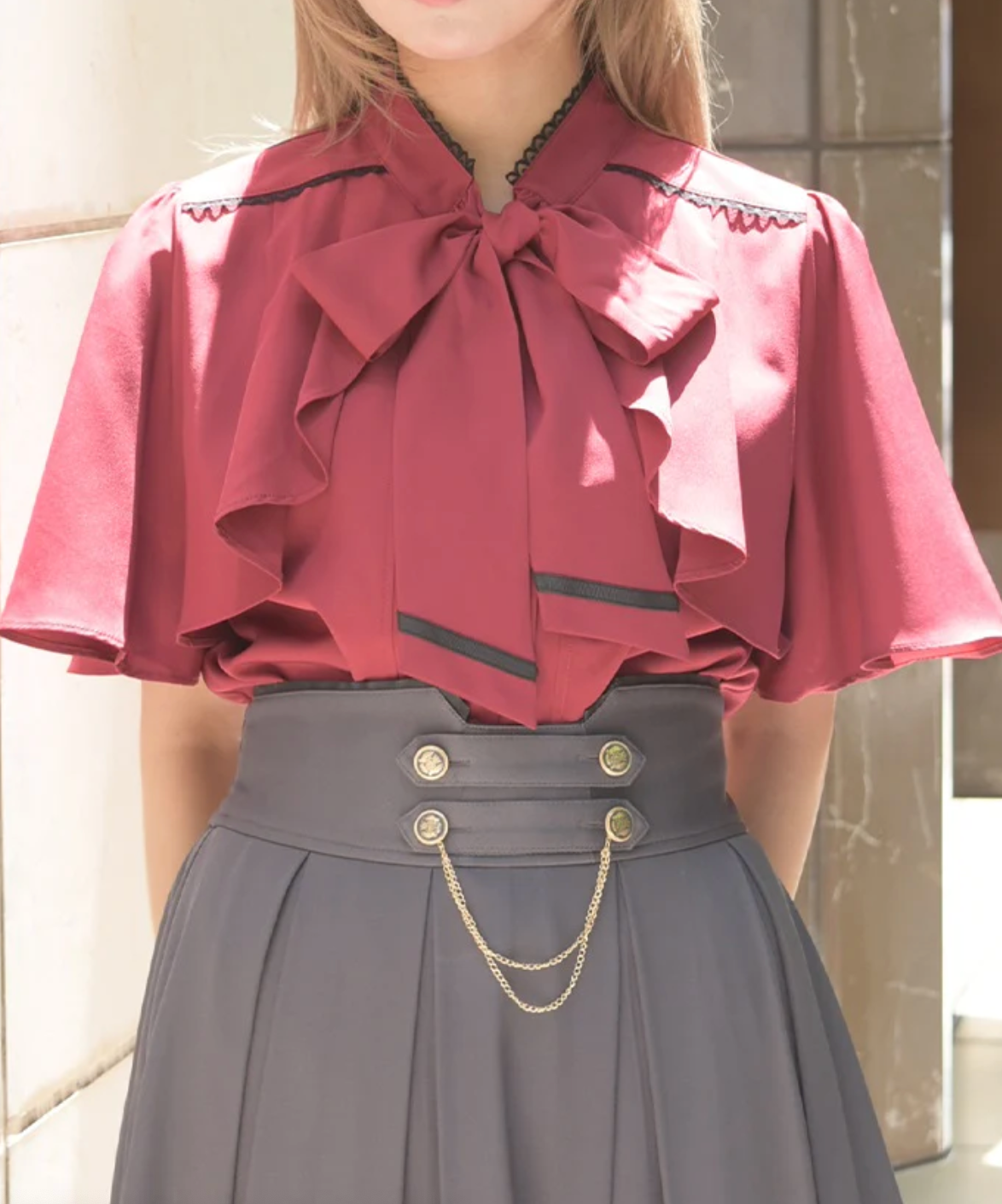 Ribbon & Flap Design Short Sleeve Blouse