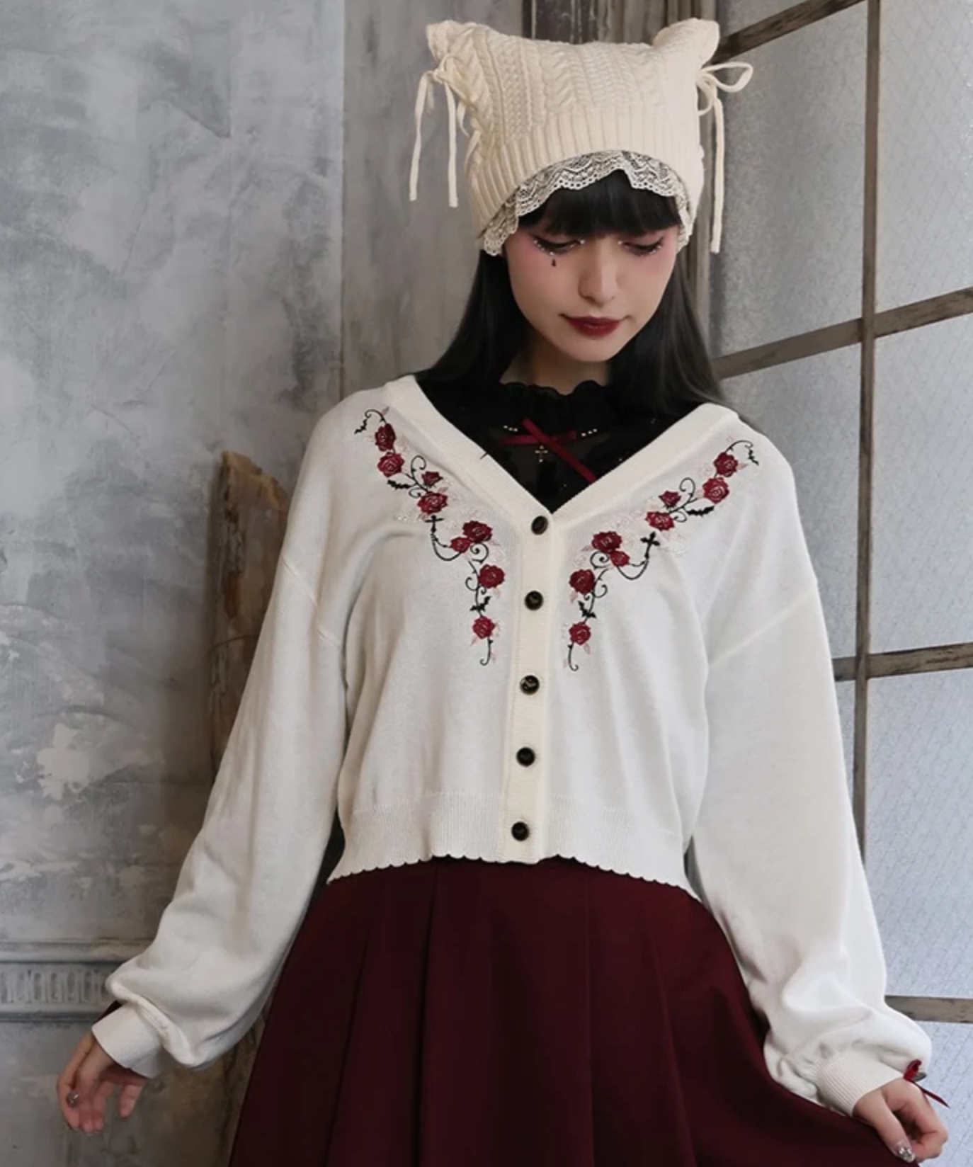 Rose Embroidery & Bat Button Knit Cardigan