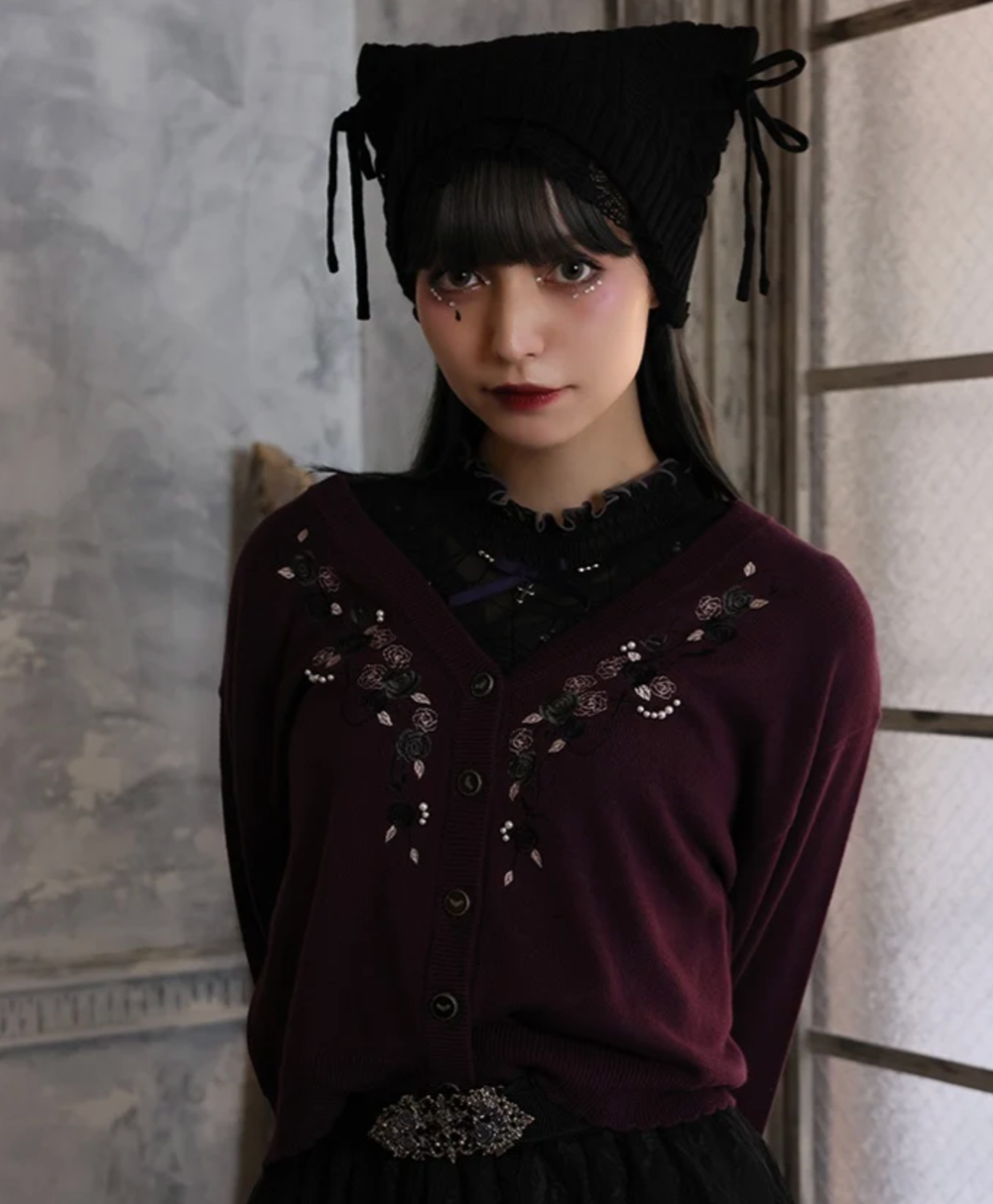 Rose Embroidery & Bat Button Knit Cardigan