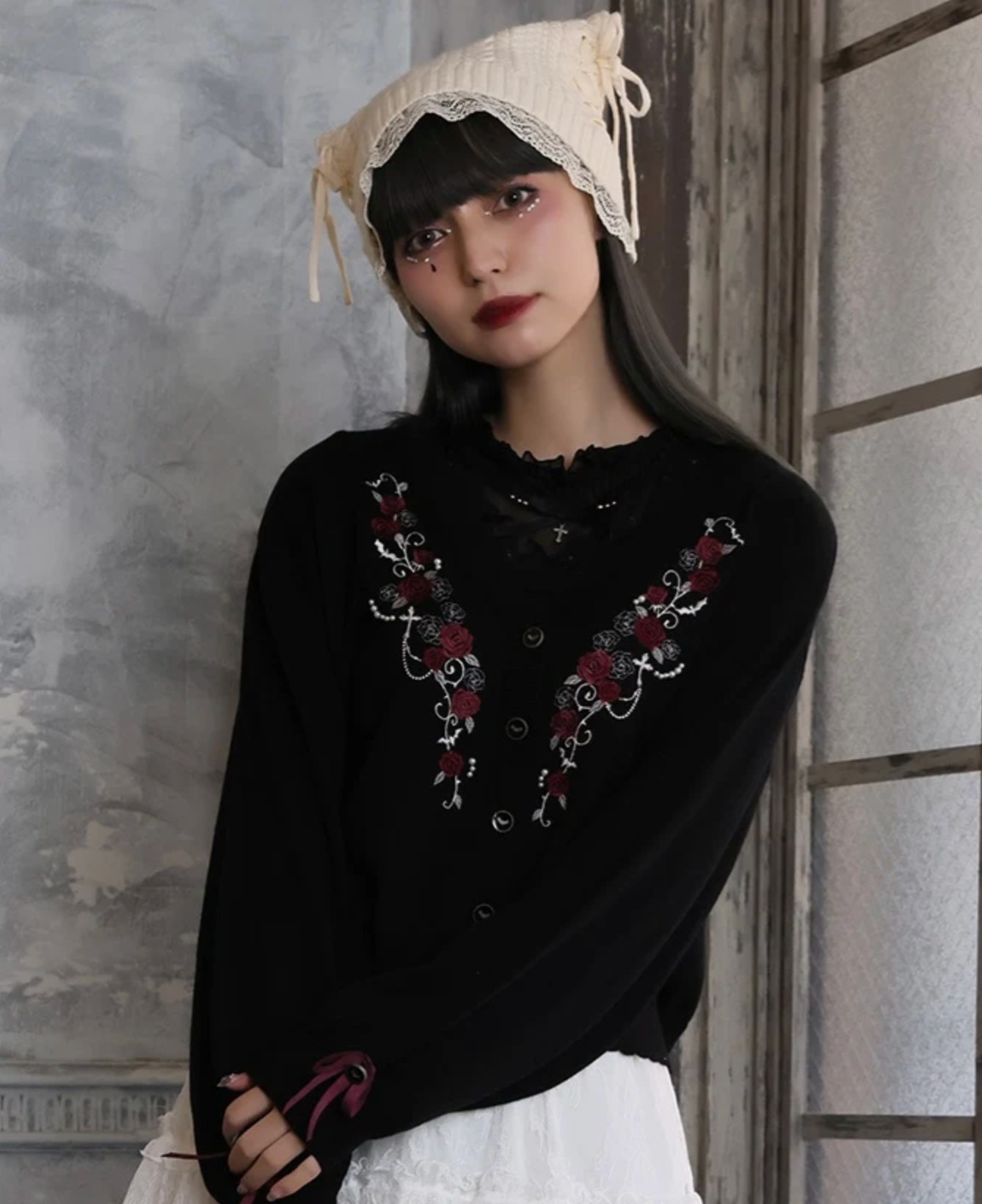Rose Embroidery & Bat Button Knit Cardigan