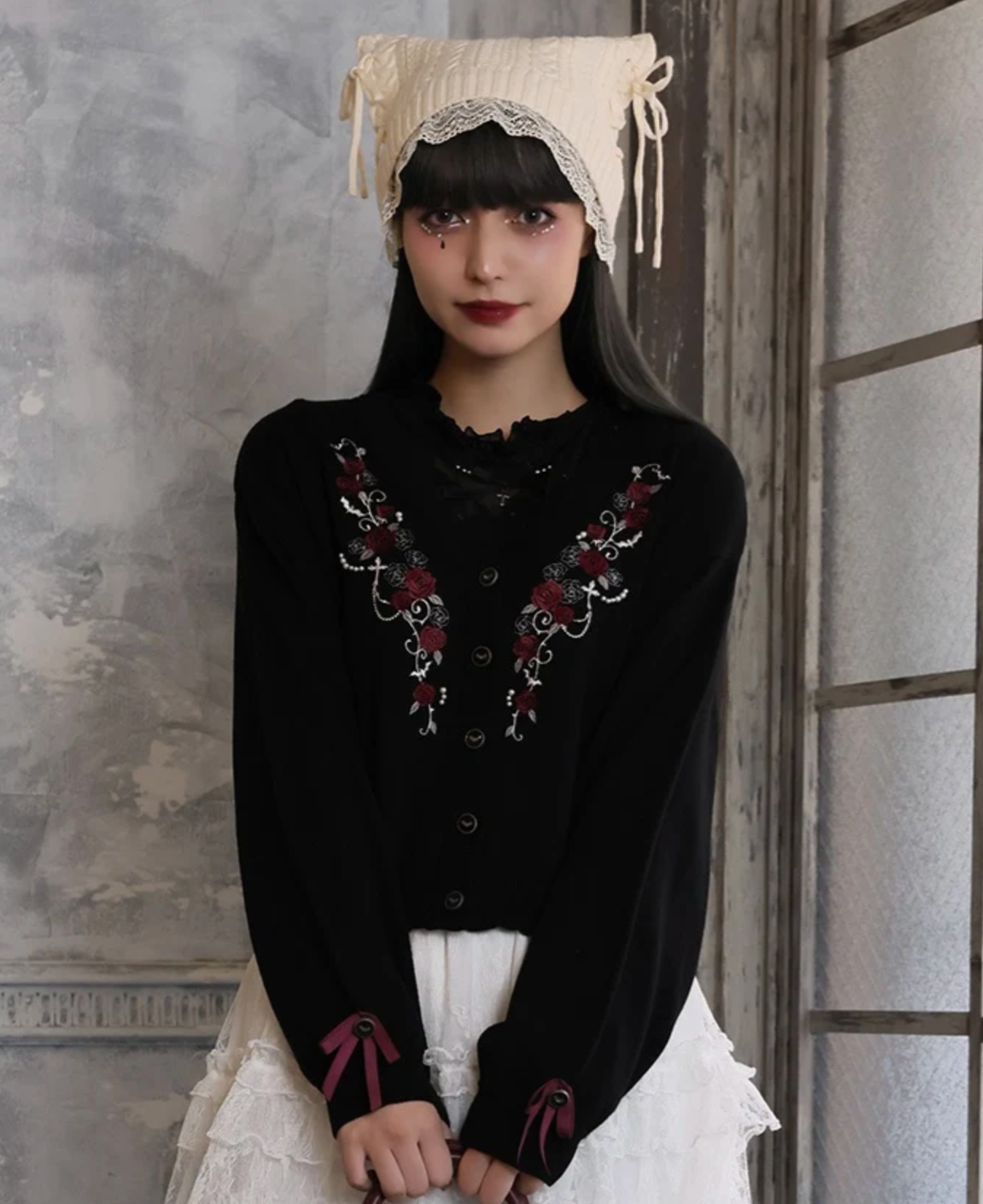 Rose Embroidery & Bat Button Knit Cardigan