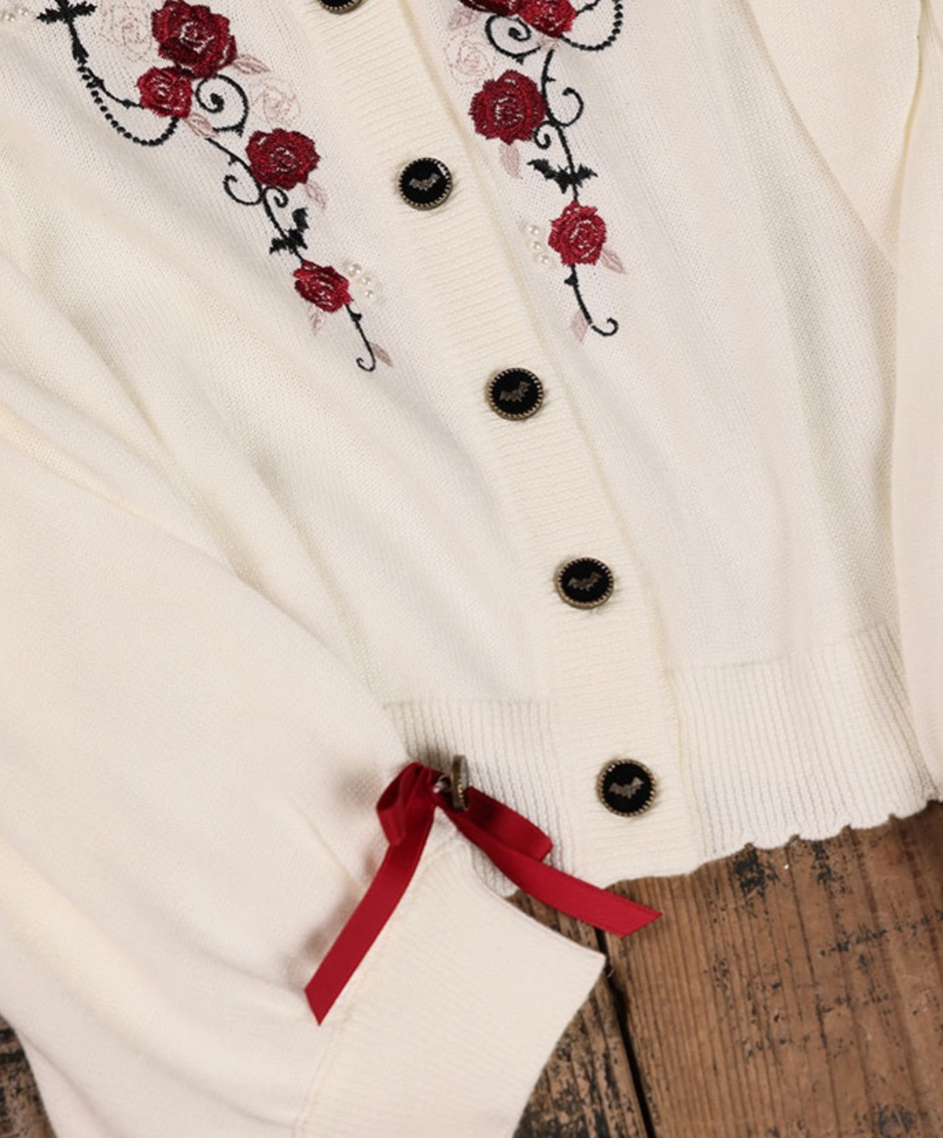 Rose Embroidery & Bat Button Knit Cardigan