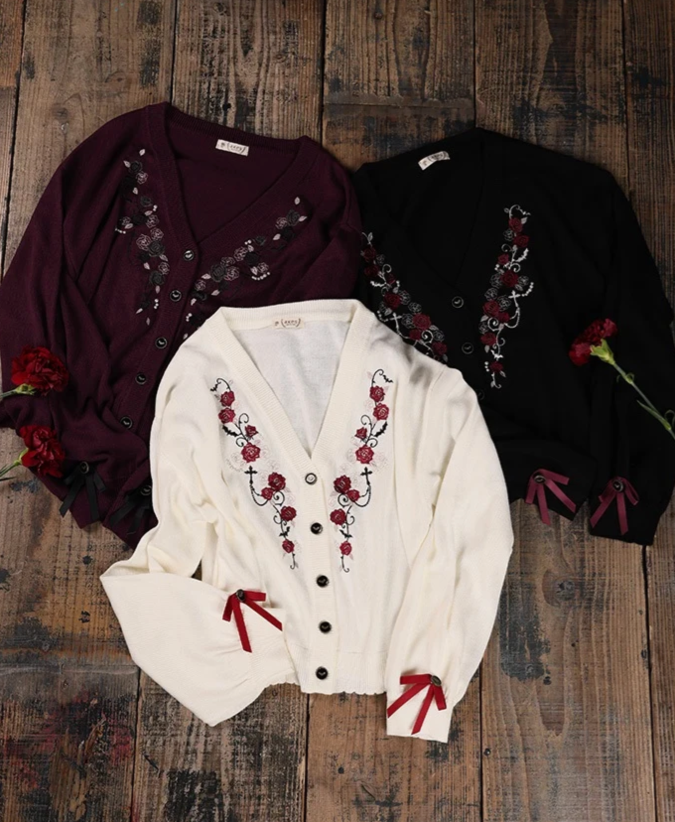 Rose Embroidery & Bat Button Knit Cardigan