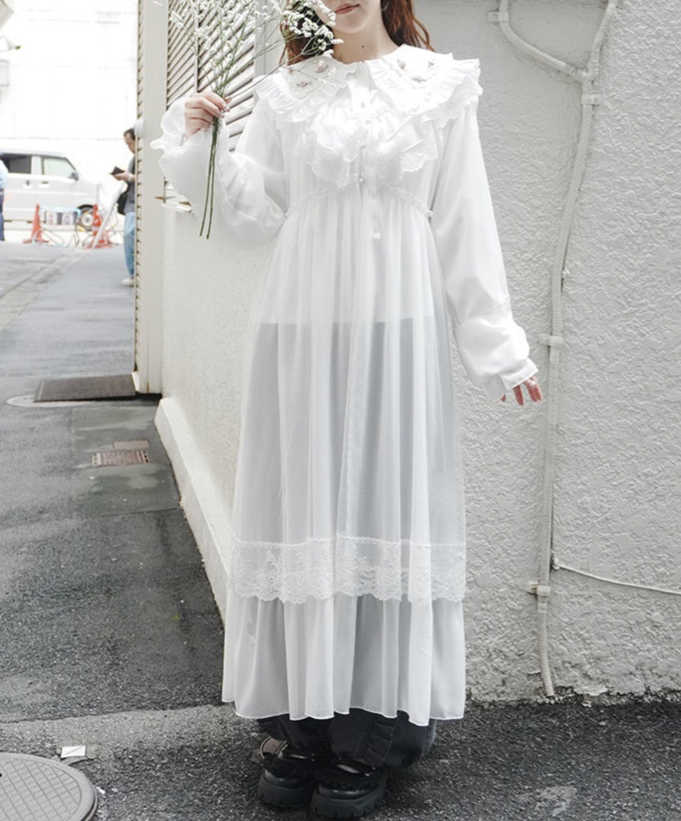 Frill Collar Ribbon Sheer Gown