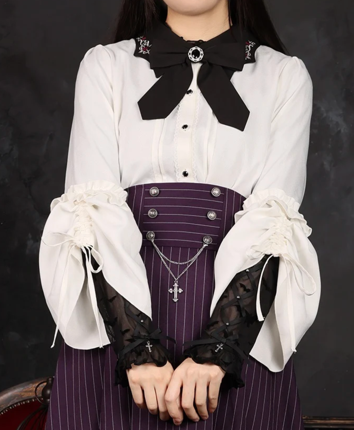 Cross Embroidery Tie Blouse