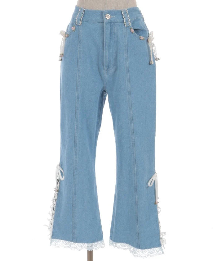 Rose Ribbon Lace - Up Denim Pants