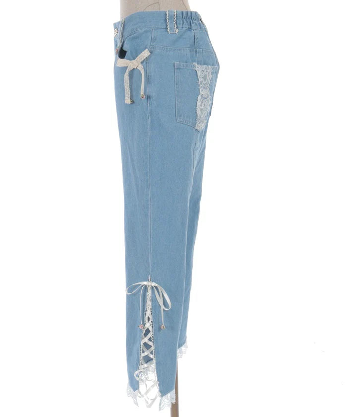 Rose Ribbon Lace - Up Denim Pants