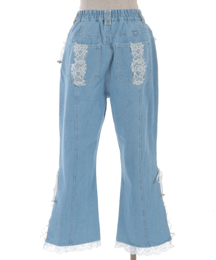 Rose Ribbon Lace - Up Denim Pants