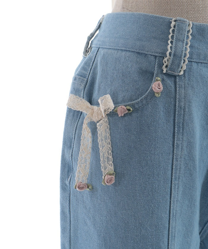Rose Ribbon Lace - Up Denim Pants