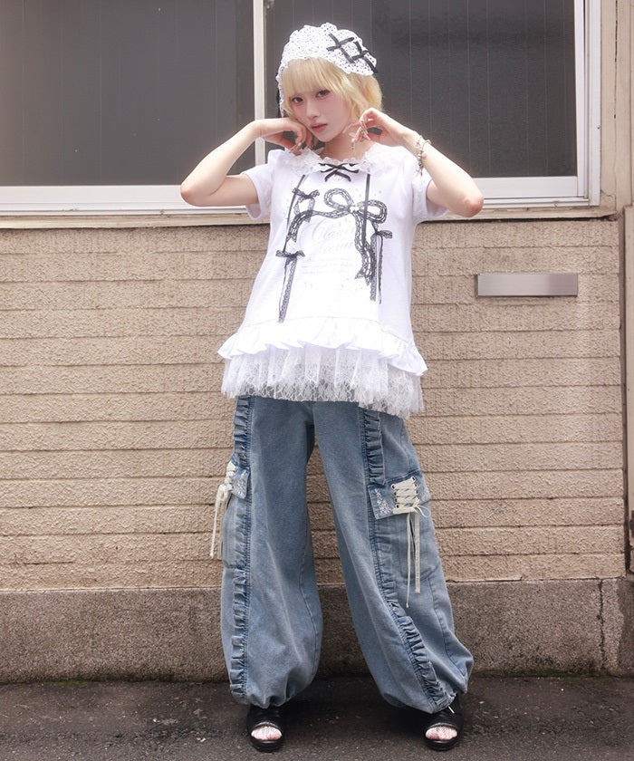 Lace Frill Denim Barrel Pants