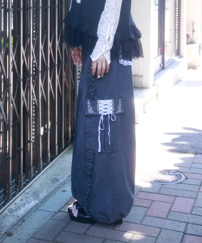 Lace Frill Denim Barrel Pants