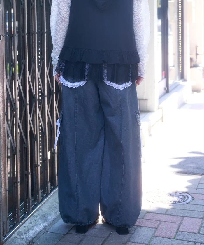 Lace Frill Denim Barrel Pants