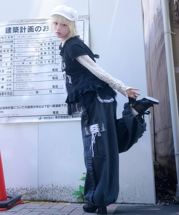 Lace Frill Denim Barrel Pants