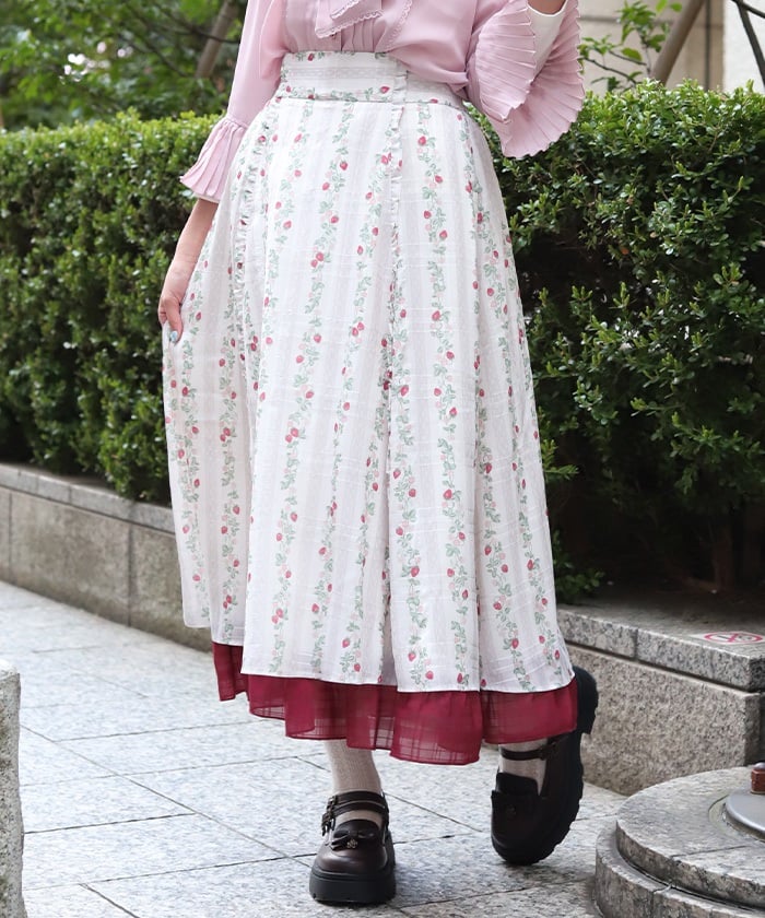 Strawberry Print Panel Flared Skirt