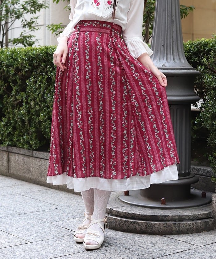 Strawberry Print Panel Flared Skirt