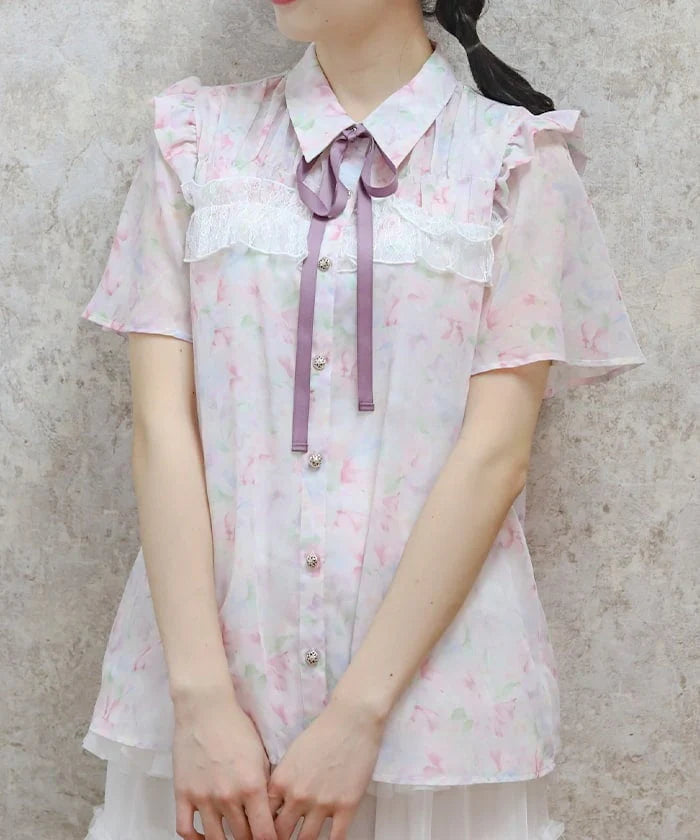 Floral Pattern Frill Sheer Blouse