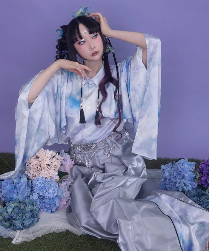 Hydrangea & Butterfly Jacquard Japanese Sleeve Shirt
