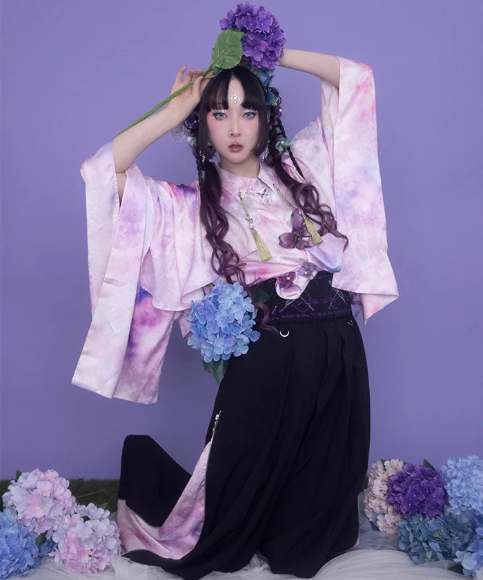 Hydrangea & Butterfly Jacquard Japanese Sleeve Shirt