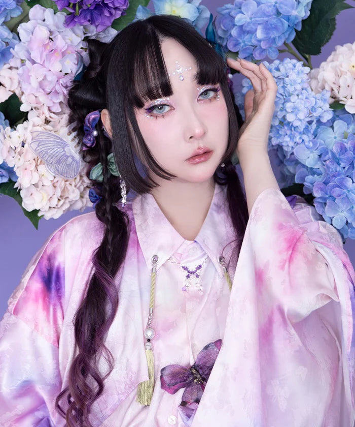 Hydrangea & Butterfly Jacquard Japanese Sleeve Shirt