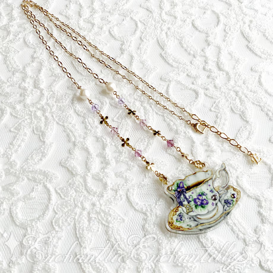 Violet Tea Party Teacup & Saucer Necklace