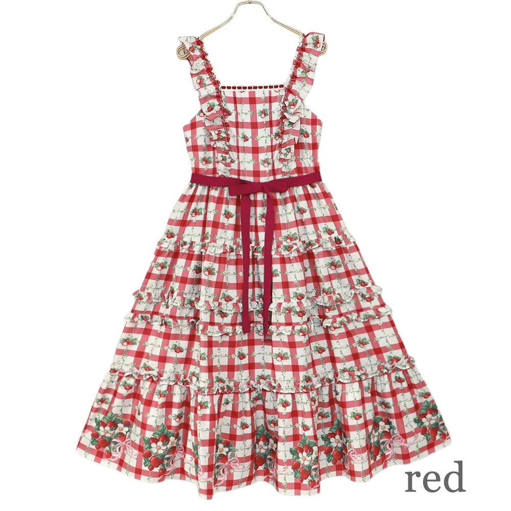 Strawberry Check Tiered Frills Camisole Dress