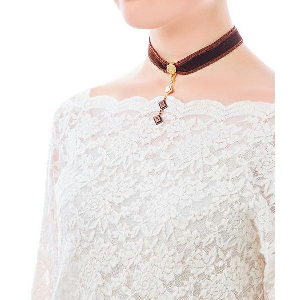 Selectable Happiness Velvet Ribbon Choker - Dark Brown
